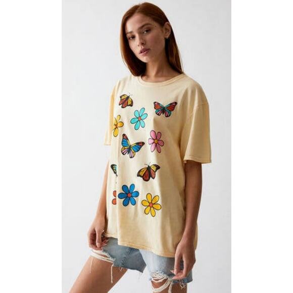 Los Angeles California Women's Top Sz One Size Colorful Butterfly Floral Tee - Picture 1 of 7